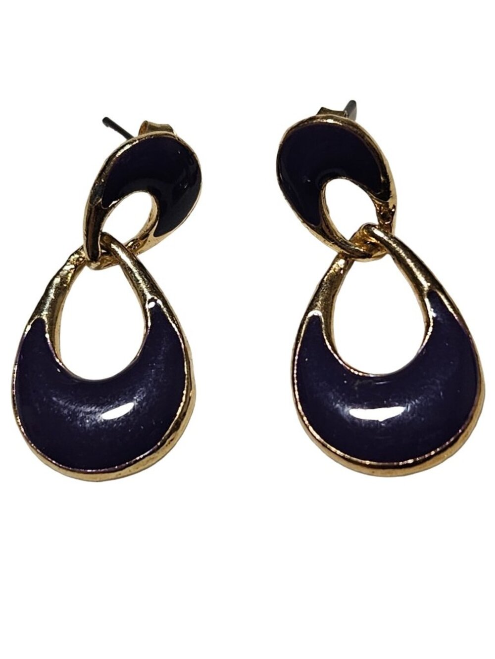 Vintage Purple Enamel Teardrop Dangle Earrings Gold Tone Retro Fashion Jewelry